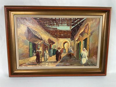 an oil painting of a street scene with people walking through it