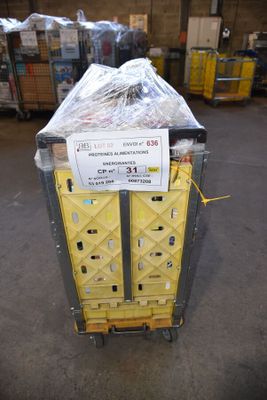 a pallet with a sign on it in a warehouse