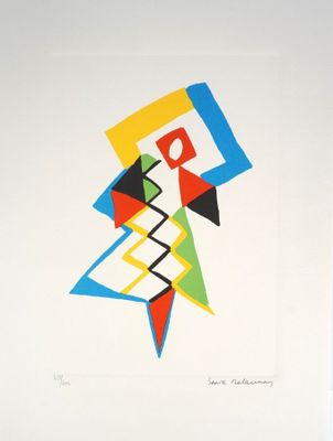 peinture représentant un motif abstrait coloré sur fond blanc