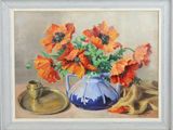 a painting of orange flowers in a blue vase on a table