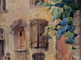 painting of a couple walking down a street past a building