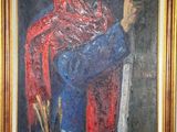 tableau représentant un homme vêtu d'une cape rouge, tenant un pinceau et une palette
