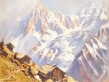 painting of a mountain scene with a cabin in the foreground and snow covered mountains in the background