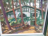 un tableau représentant une maison blanche dans les bois
