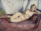 painting of a nude woman laying on a couch in a room