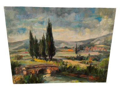 J. OUVRIER : "Les cyprès". Huile sur toile, SBD, 50 x 65 cm