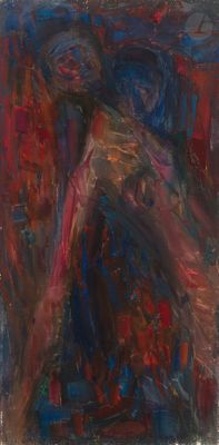 une peinture abstraite représentant une femme en robe rouge