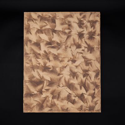 an old photo of a brown and white painting on a black background