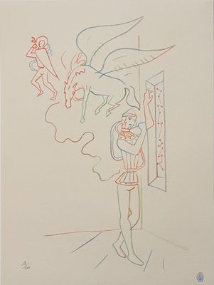 drawing of a woman standing in front of a mirror with a dragon above her head