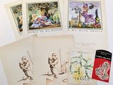 four postcards with drawings of a man and a woman in a garden