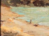 a painting of a man walking on the beach