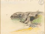 drawing of a drawing of a cliff and a body of water
