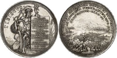 a silver coin with a picture of a man holding a sword