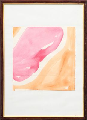 painting of a pink and orange abstract painting in a brown frame