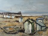 une peinture à l'huile représentant une cabane de plage sur une plage de sable