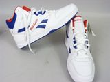 a pair of white and blue sneakers with red and blue accents