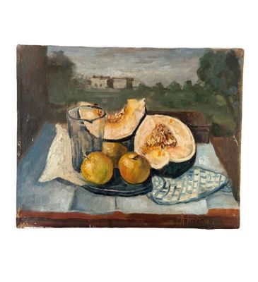 un tableau représentant une assiette de fruits posée sur une table