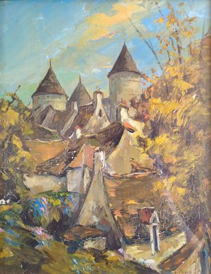 an oil painting of a village with a church in the background
