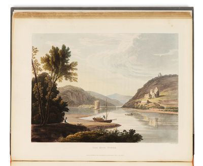 un tableau représentant une rivière sur laquelle navigue un bateau, avec un château au loin