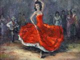 a painting of a woman in a red dress dancing in front of a crowd