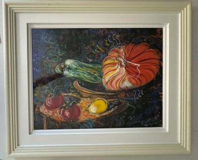 une photo d'un tableau représentant des citrouilles et d'autres fruits