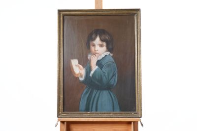 a painting of a young girl holding a book