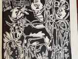 a black and white picture of a drawing on a table