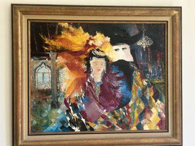 un tableau représentant une femme coiffée d'un chapeau et un homme portant un masque