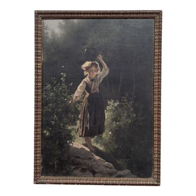 a painting of a young girl holding a bird in her hand