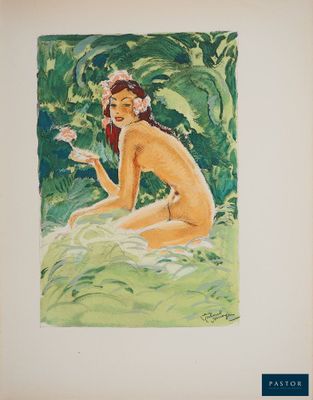 a painting of a naked woman sitting in the grass holding a flower
