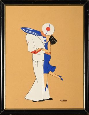 une image représentant un tableau où l'on voit un marin embrasser une femme