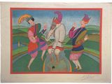 un tableau représentant trois hommes à cheval dans un champ