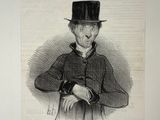 a drawing of a man wearing a top hat and holding a cane