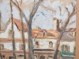 a picture of a painting of a town with a clock tower