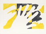 a picture of a painting of a hand on a yellow and black checkered background