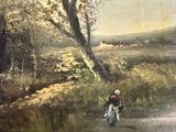 a painting of a woman and a child walking along a stream