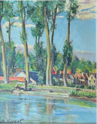 tableau représentant une scène fluviale avec des maisons et des arbres au premier plan