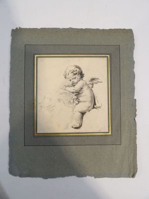 un vieux dessin encadré représentant un bébé tenant un ours en peluche