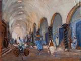 an oil painting of a group of people walking down a street