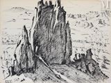 dessin représentant une formation rocheuse au milieu d'un désert