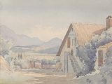 une aquarelle représentant une maison avec un clocher