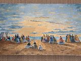a painting of a group of people sitting on the beach