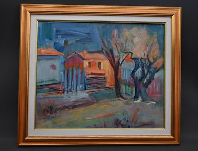 une peinture à l'huile représentant une maison et un arbre devant un mur noir