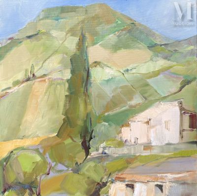 une peinture à l'huile représentant une colline verdoyante avec une maison au loin