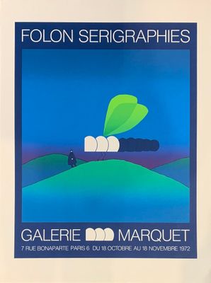 a blue and white poster with a green leaf on it