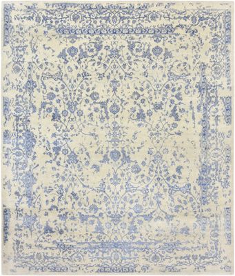 Tapis Moderne, noué main, fond blanc et bleu 300 x 250