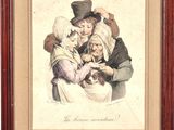 painting of a family with a dog and a cat in a wooden frame