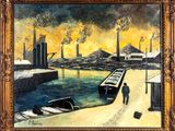 une peinture à l'huile représentant un homme marchant dans une rue au bord d'un plan d'eau
