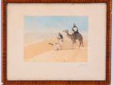 painting of a man riding a camel on a beach next to a dog