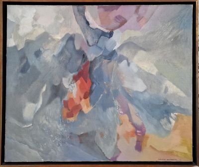 an oil painting of a woman in a blue dress holding a red umbrella